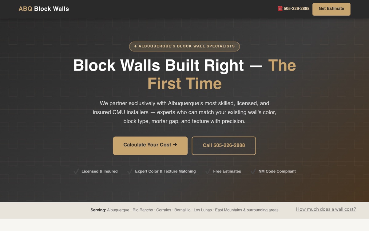 Screenshot of the ABQ Block Walls website